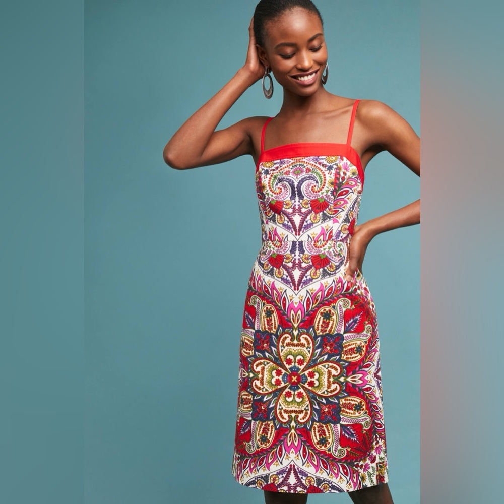 Anthropologie Maeve Paisley Shift Dress Colorful Stretch Cotton Lined Size 14